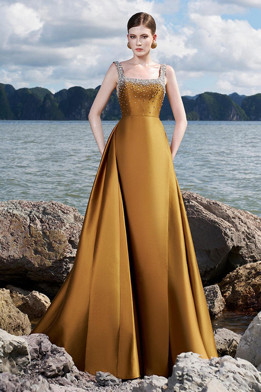 Isaiah Ball Gown Square Neck Crepe Floor Length Dress 13