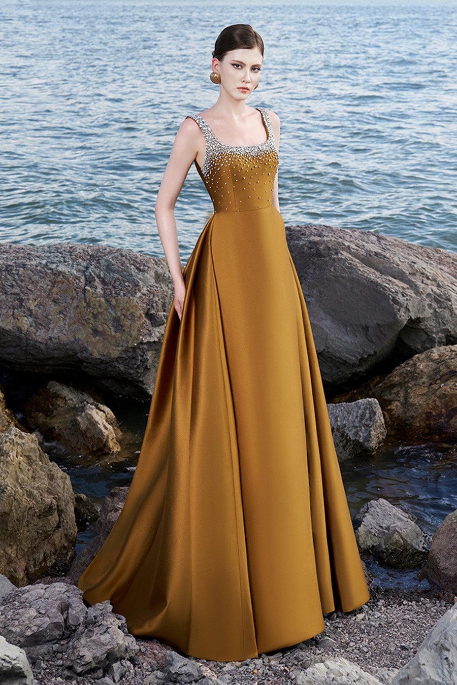 Isaiah Ball Gown Square Neck Crepe Floor Length Dress 15
