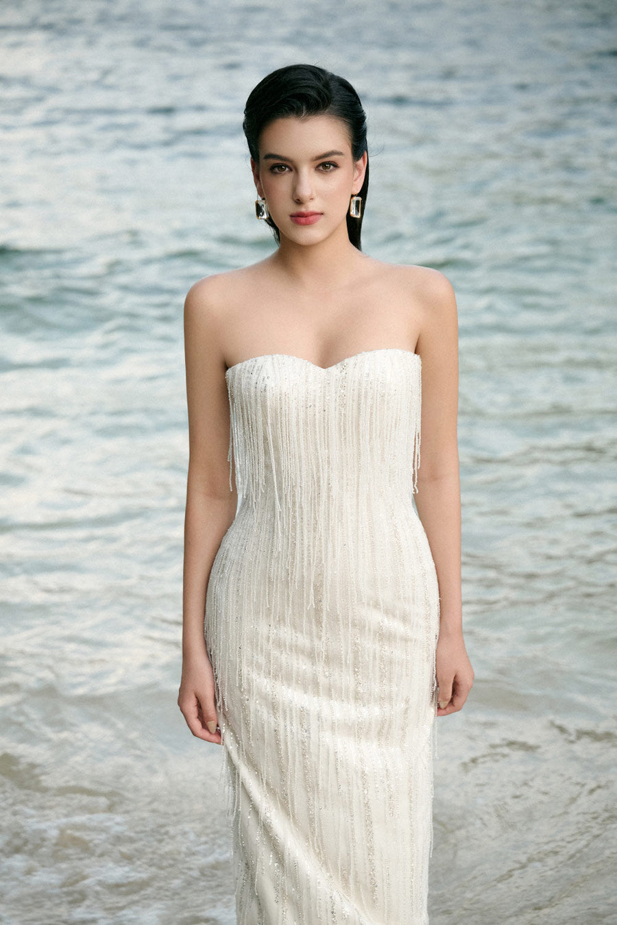 Marlowe Strapless Fringed Tulle Floor Length Dress 3