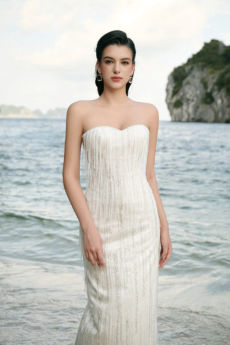 Marlowe Strapless Fringed Tulle Floor Length Dress 4
