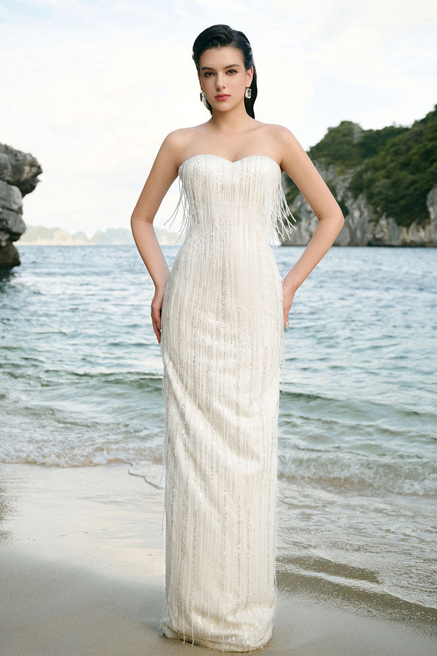 Marlowe Strapless Fringed Tulle Floor Length Dress 6