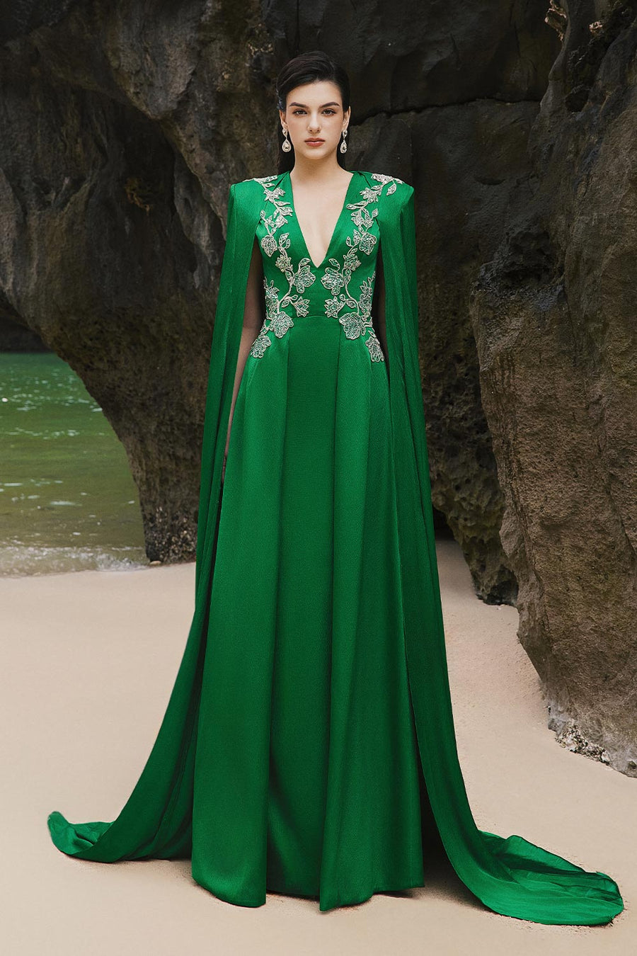 Jimena A-line Cape Sleeved Silk Extra Long Length Dress 5