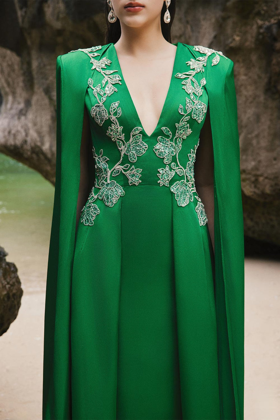 Jimena A-line Cape Sleeved Silk Extra Long Length Dress 2