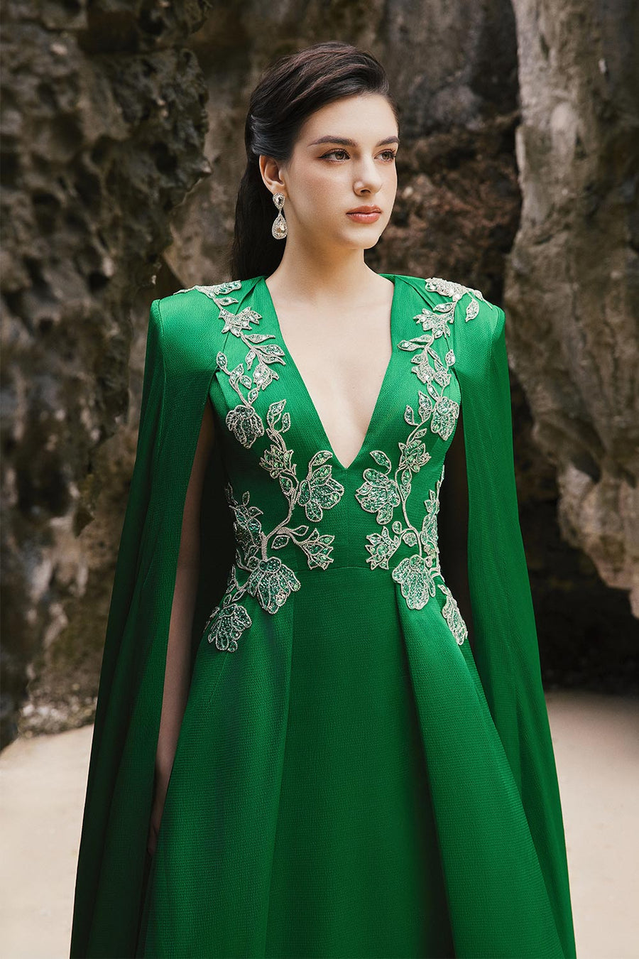 Jimena A-line Cape Sleeved Silk Extra Long Length Dress 3
