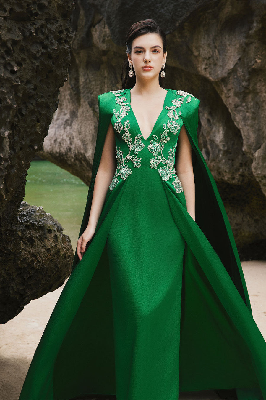Jimena A-line Cape Sleeved Silk Extra Long Length Dress 4
