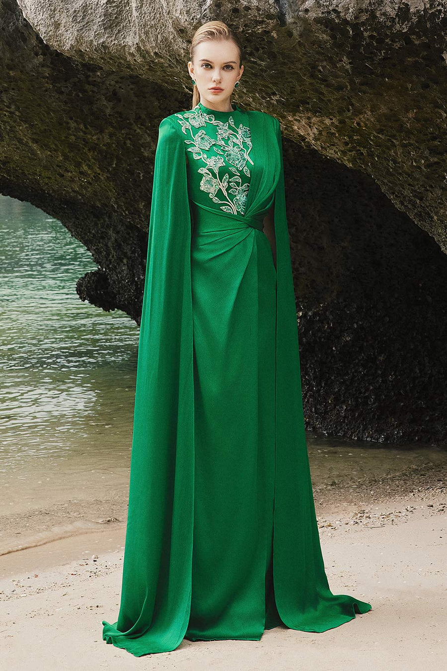 Elodie Cape Twisted Silk Floor Length Dress 3