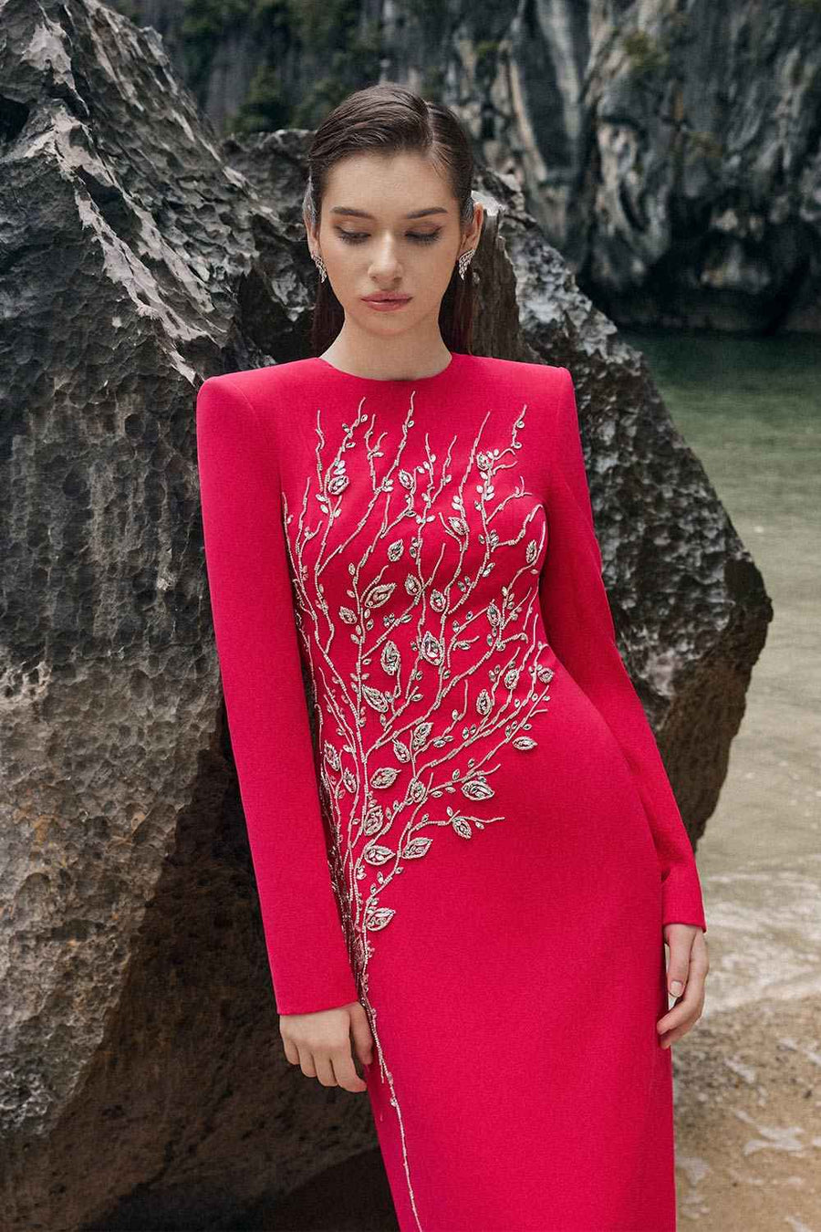 Leah Sheath Stone Velvet Satin Floor Length Dress