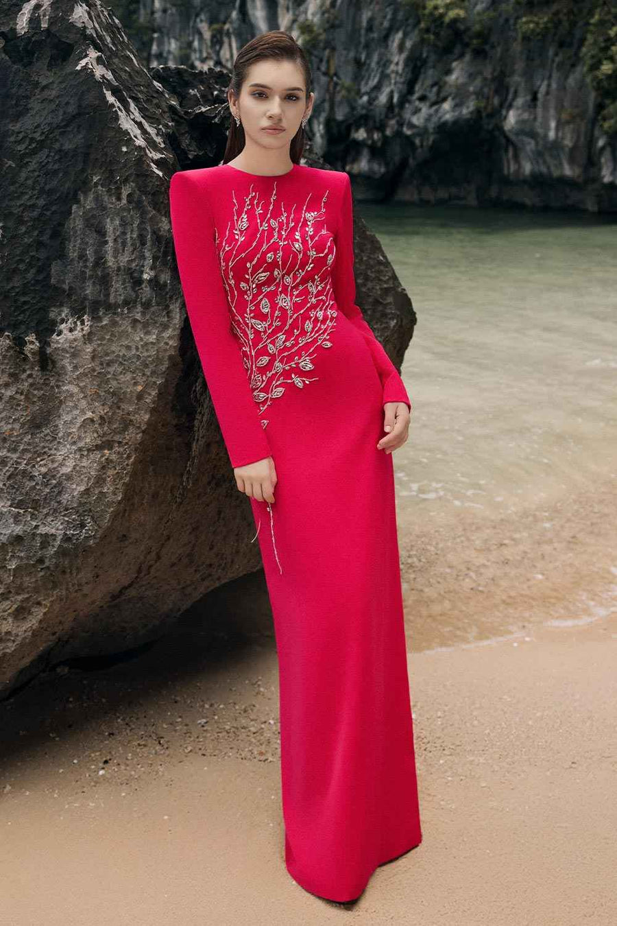 Leah Sheath Stone Velvet Satin Floor Length Dress