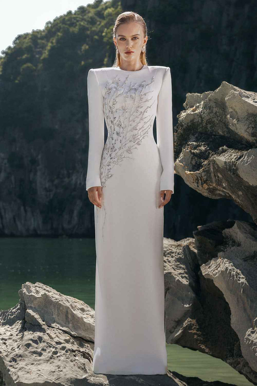 Leah Sheath Stone Velvet Satin Floor Length Dress