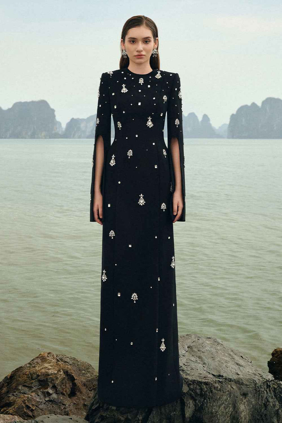 Haven Sheath Slit Sleeved Velvet Satin Floor Length Dress