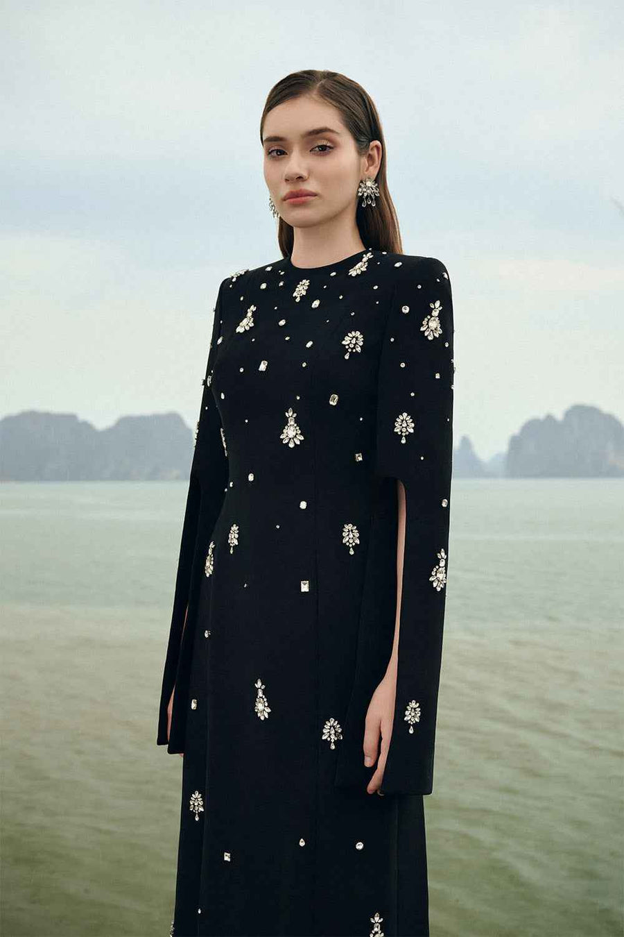 Haven Sheath Slit Sleeved Velvet Satin Floor Length Dress