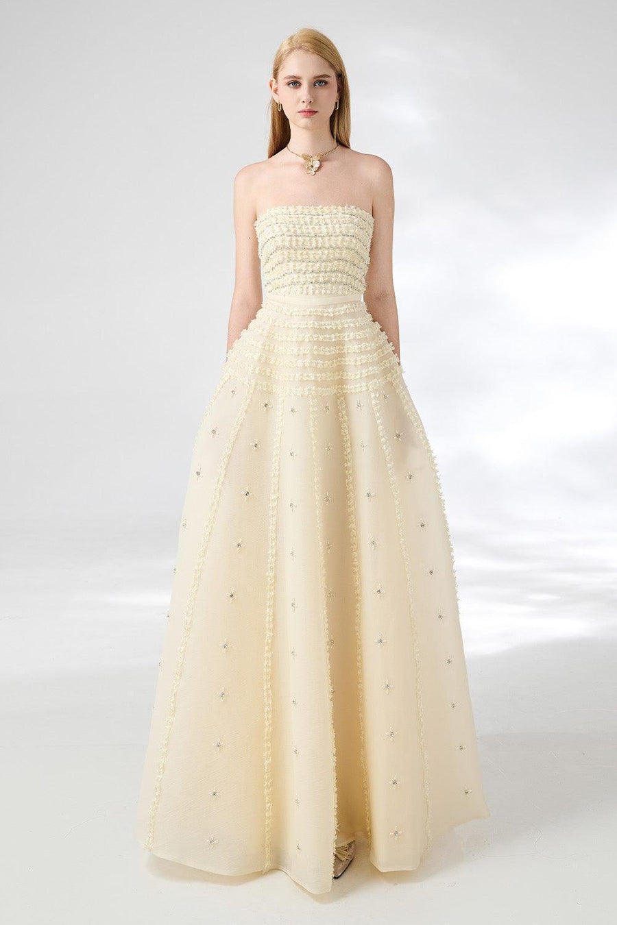 Cline Strapless Stone Organza Floor Length Dress 8