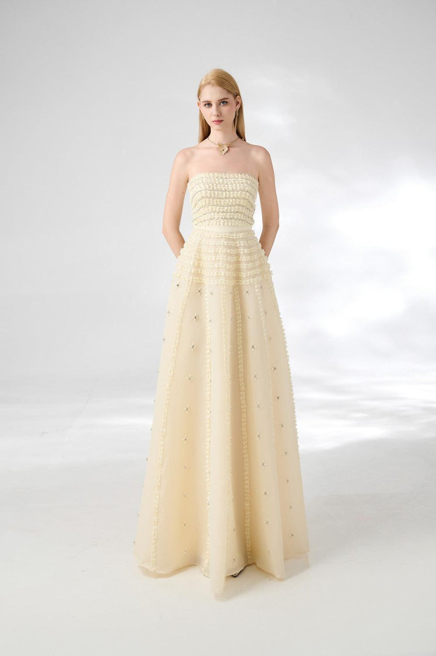 Cline Strapless Stone Organza Floor Length Dress 4