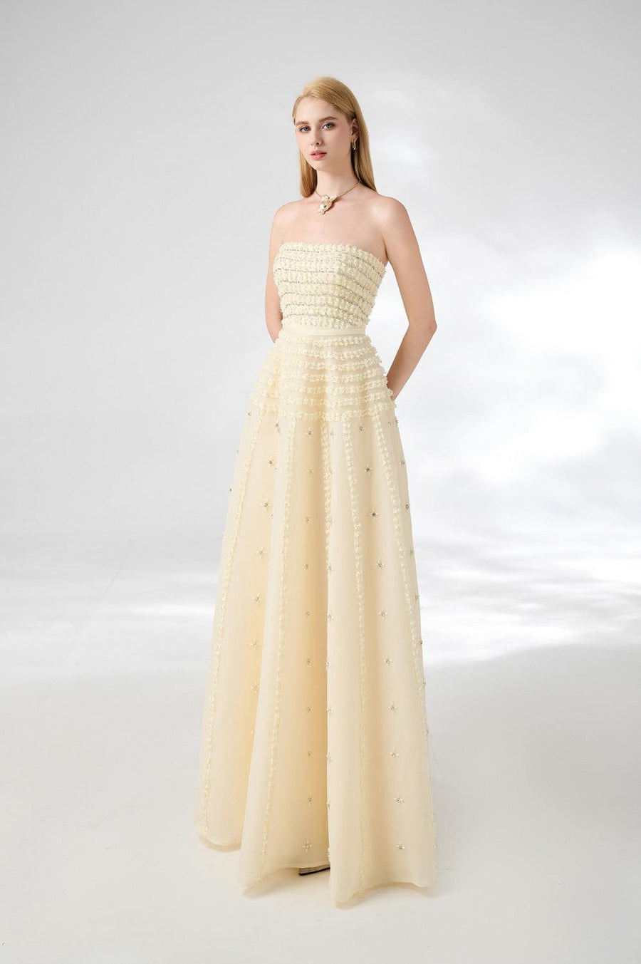 Cline Strapless Stone Organza Floor Length Dress 9