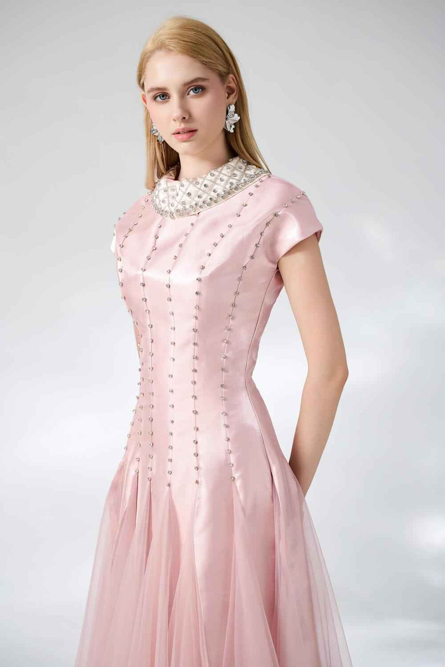 Crane Gored Stone Mesh Silk Floor Length Dress