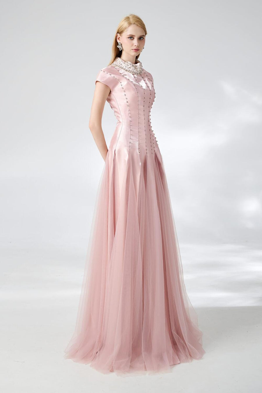 Crane Gored Stone Mesh Silk Floor Length Dress 6
