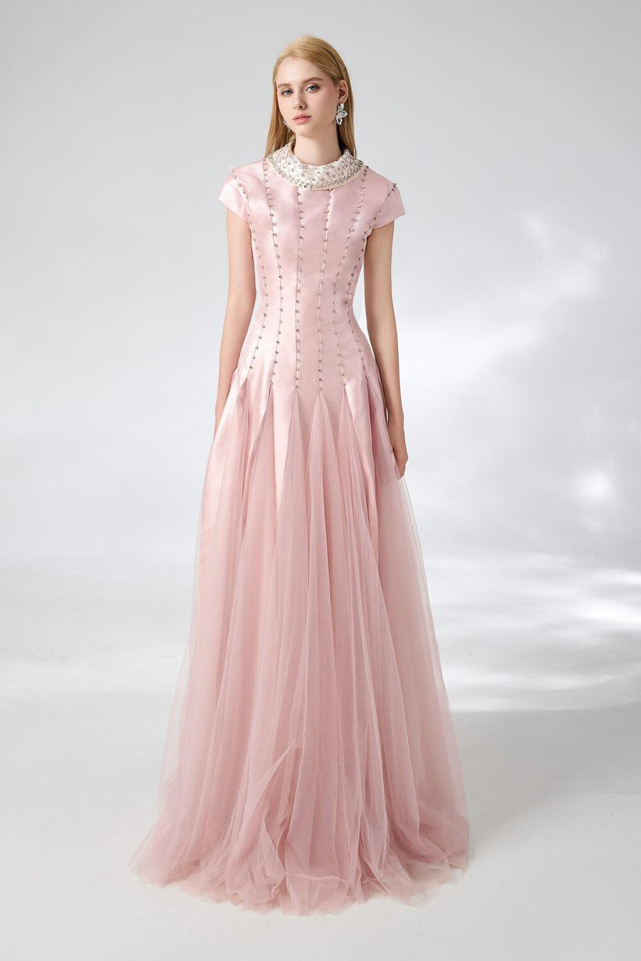 Crane Gored Stone Mesh Silk Floor Length Dress 8