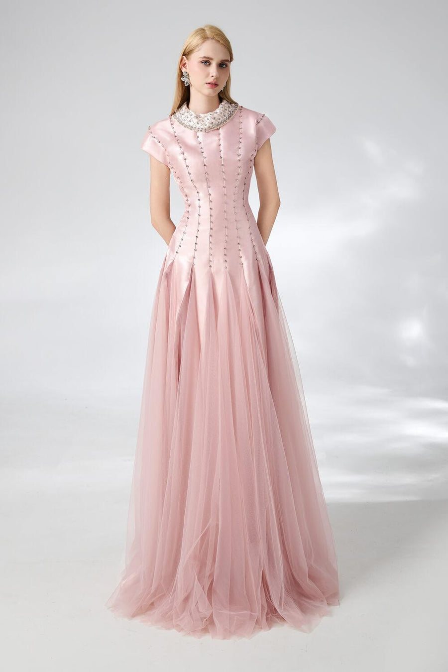Crane Gored Stone Mesh Silk Floor Length Dress 7
