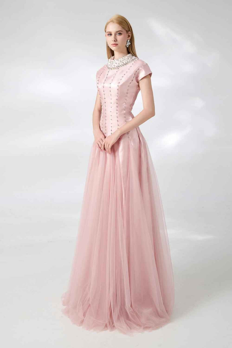 Crane Gored Stone Mesh Silk Floor Length Dress