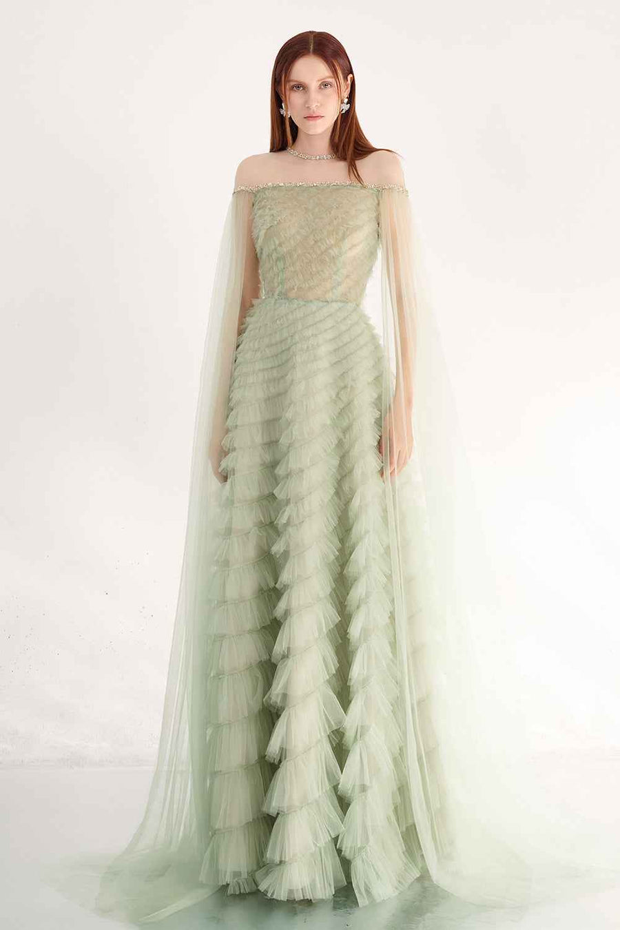 Blakely Ball Gown Cape Sleeved Organza Maxi Dress