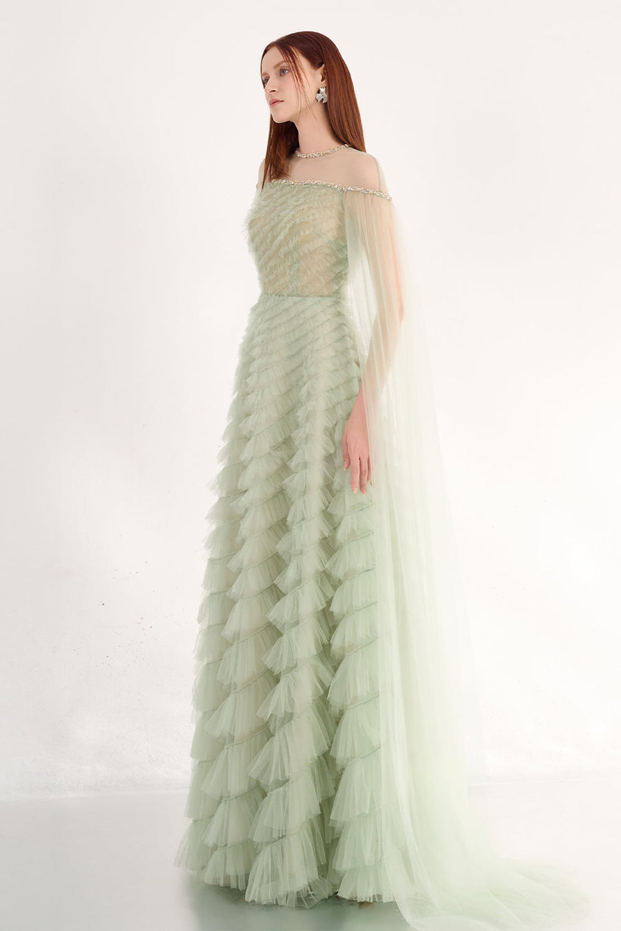 Blakely Ball Gown Cape Sleeved Organza Maxi Dress 5