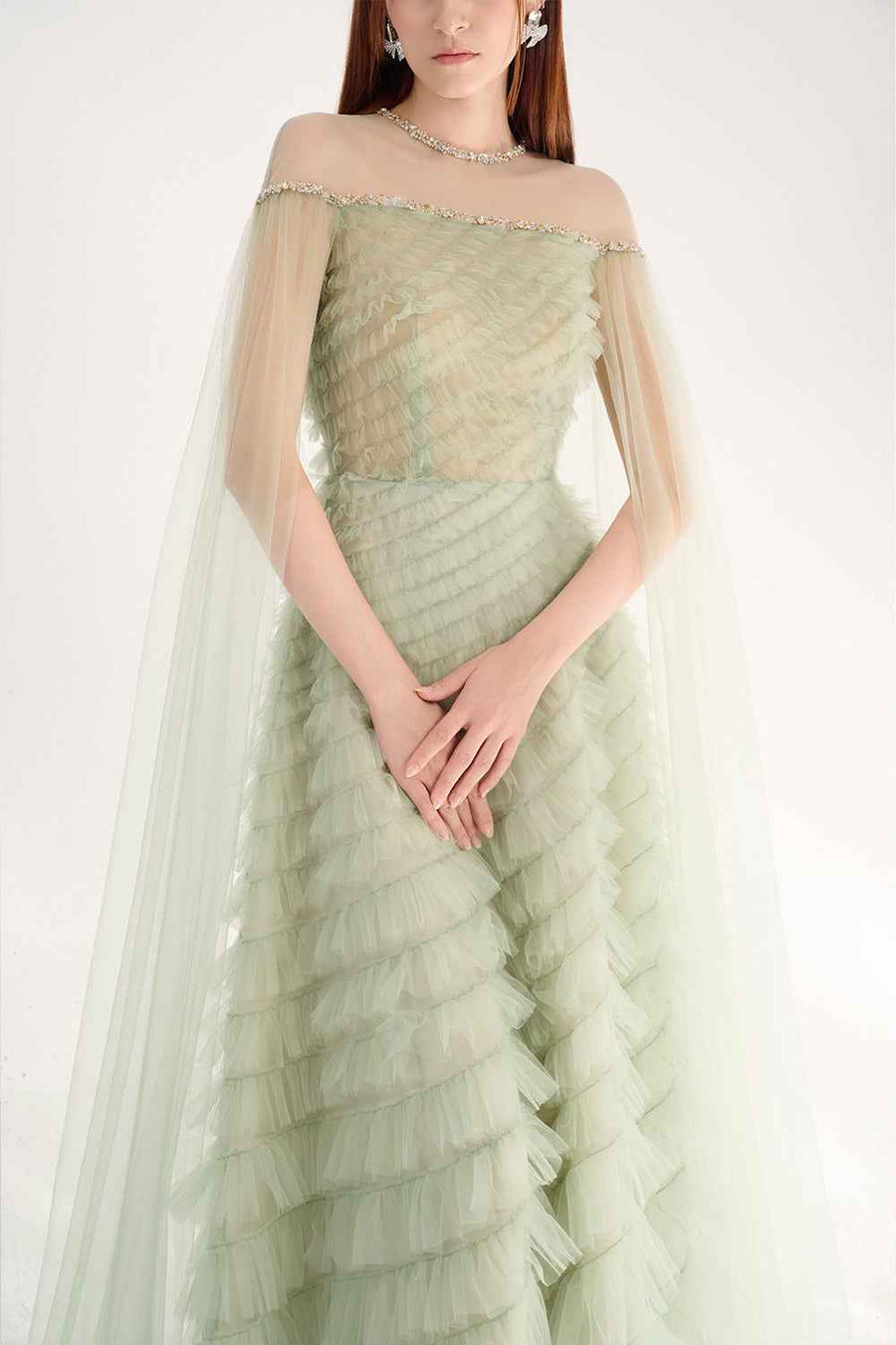 Blakely Ball Gown Cape Sleeved Organza Maxi Dress