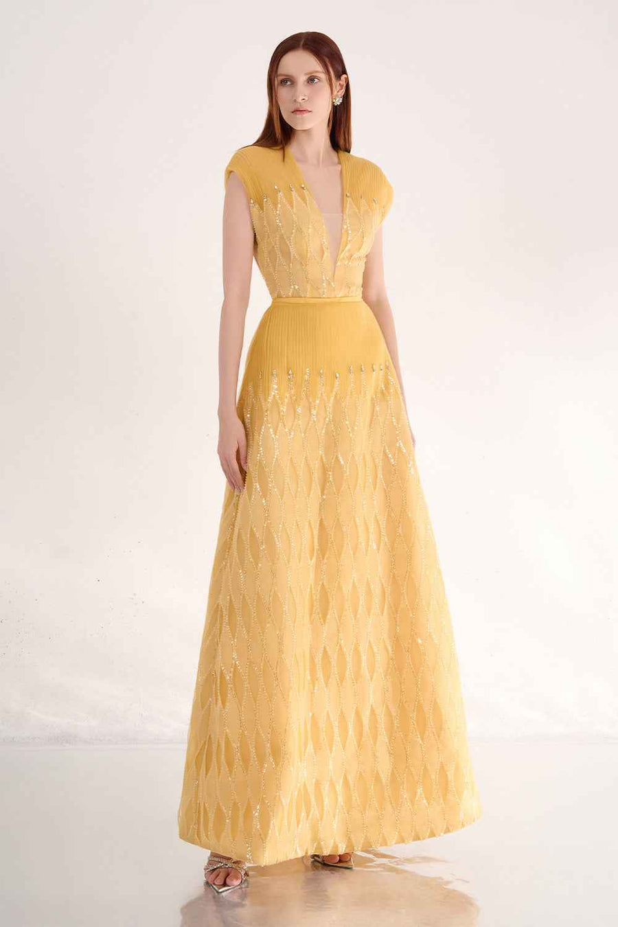 Rylee A-line Plunge Neck Polyester Maxi Dress