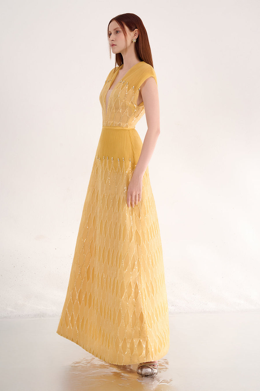 Rylee A-line Plunge Neck Polyester Maxi Dress 6