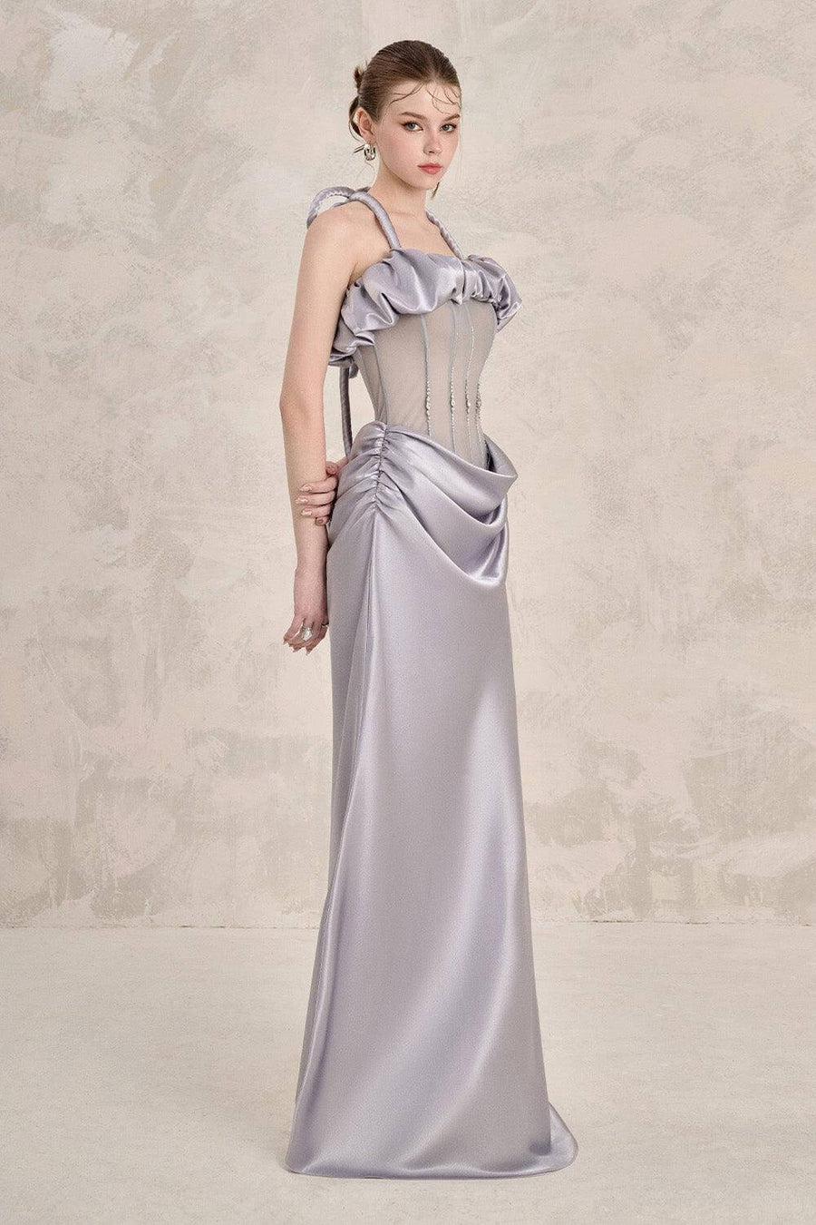 Valencia Sheath Halter Neck Silk Floor Length Dress Grey Gown Dress LINH PHUNG