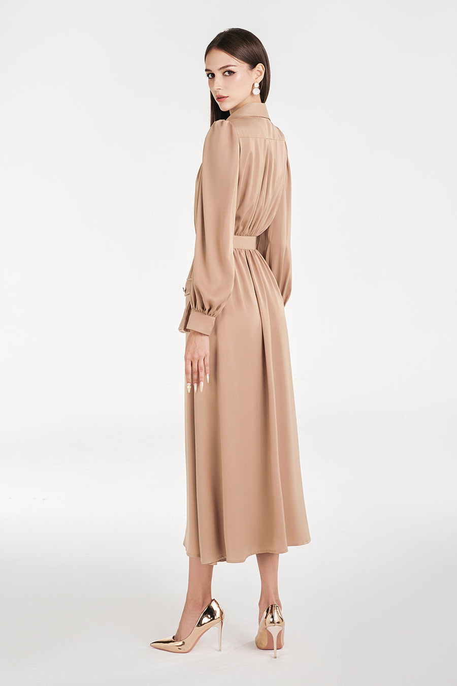 Vernica A-line Puffy Sleeved Silk Midi Dress Midi Dress NHAT VY