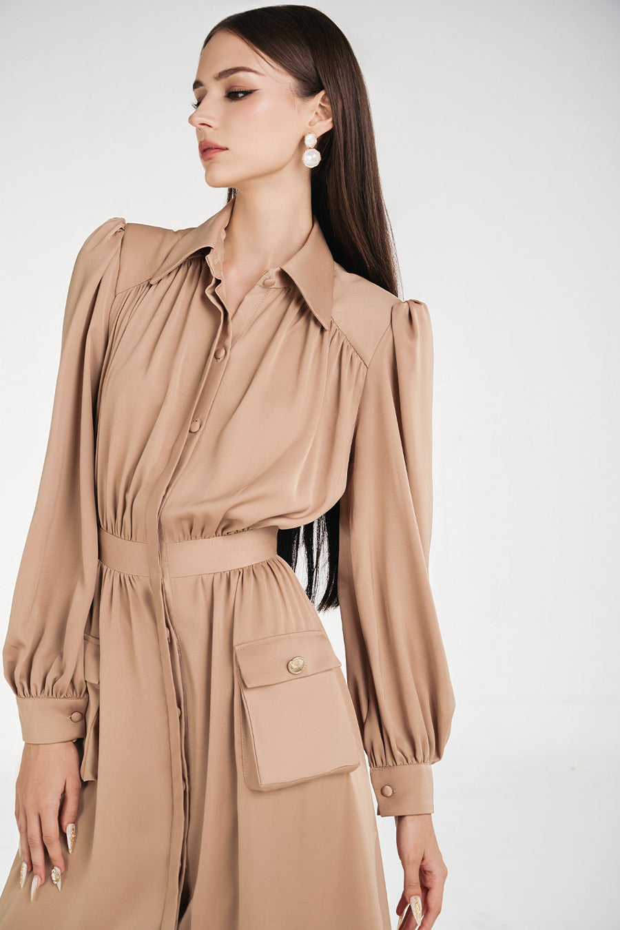 Vernica A-line Puffy Sleeved Silk Midi Dress Midi Dress NHAT VY