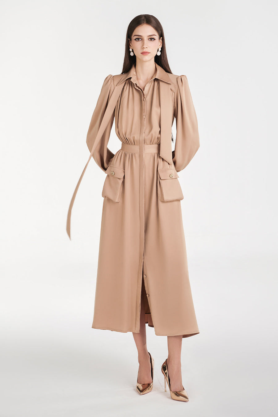 Vernica A-line Puffy Sleeved Silk Midi Dress Midi Dress NHAT VY