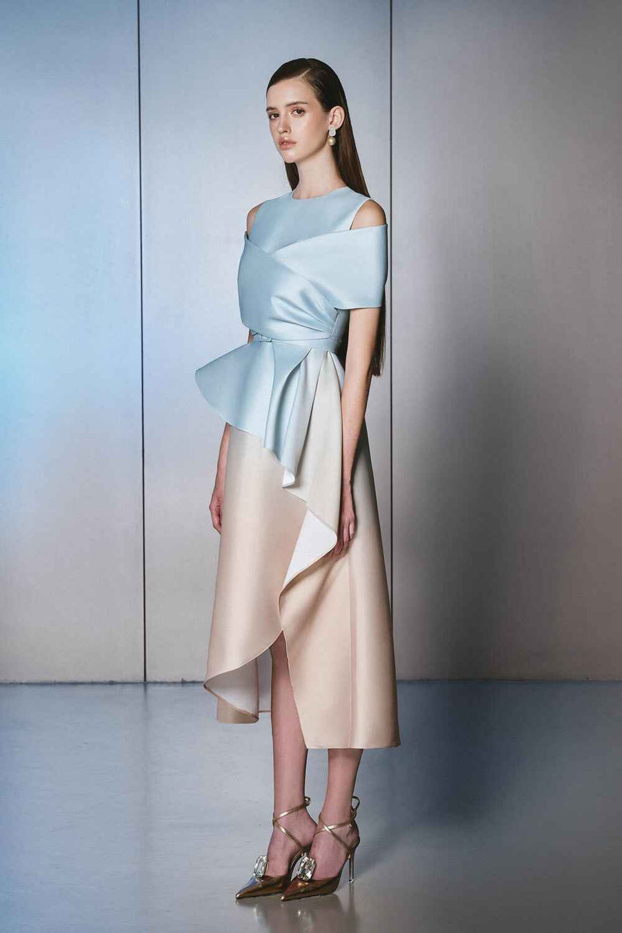 Seeson A-line Ruffle Layer Taffeta Midi Dress