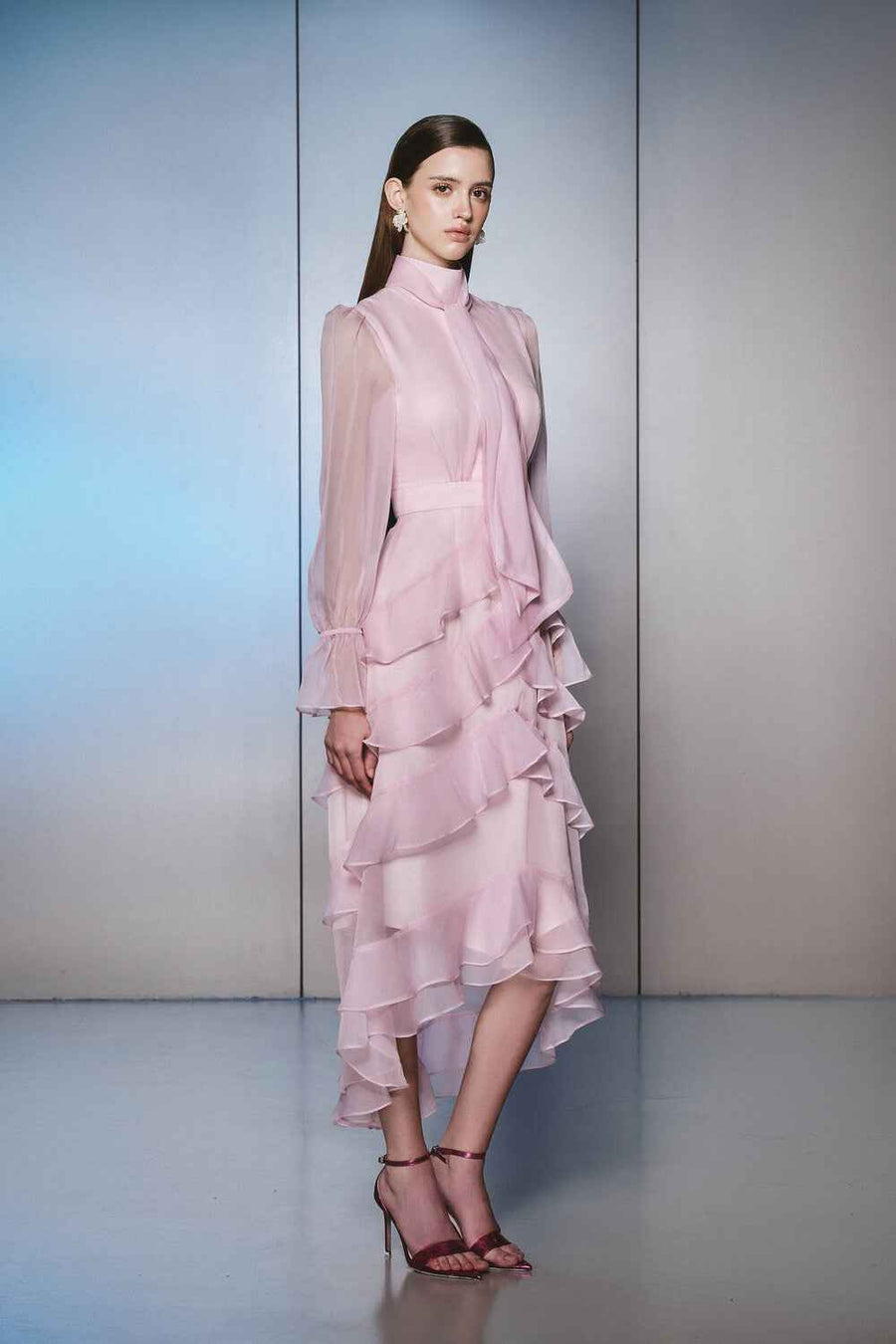 Lavel Layered Tie Neck Organza Midi Dress