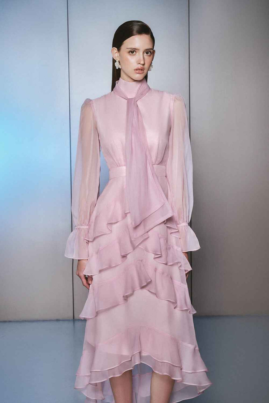 Lavel Layered Tie Neck Organza Midi Dress