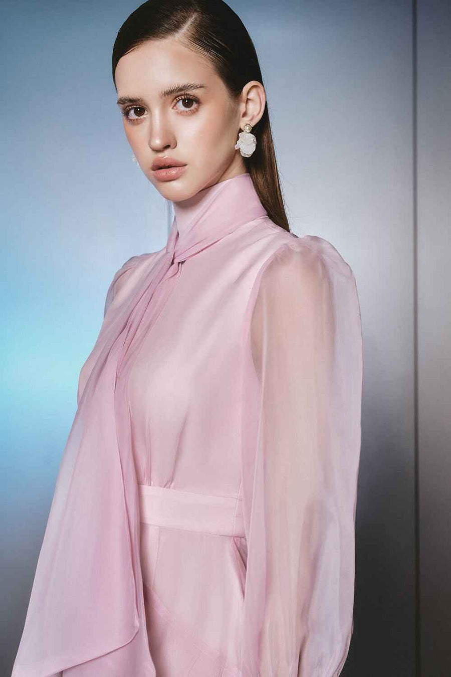 Lavel Layered Tie Neck Organza Midi Dress