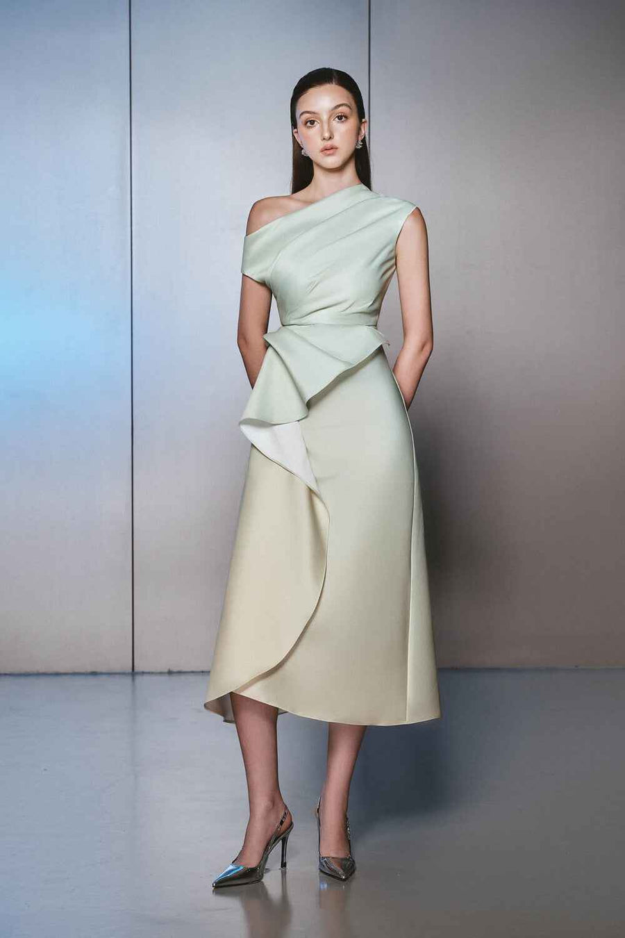 Daplon A-line Asymmetric Neck Taffeta Midi Dress