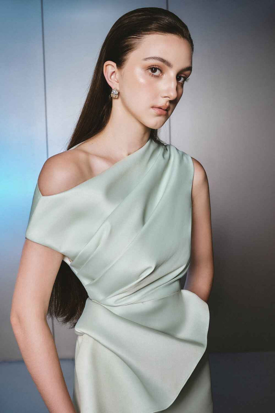 Daplon A-line Asymmetric Neck Taffeta Midi Dress