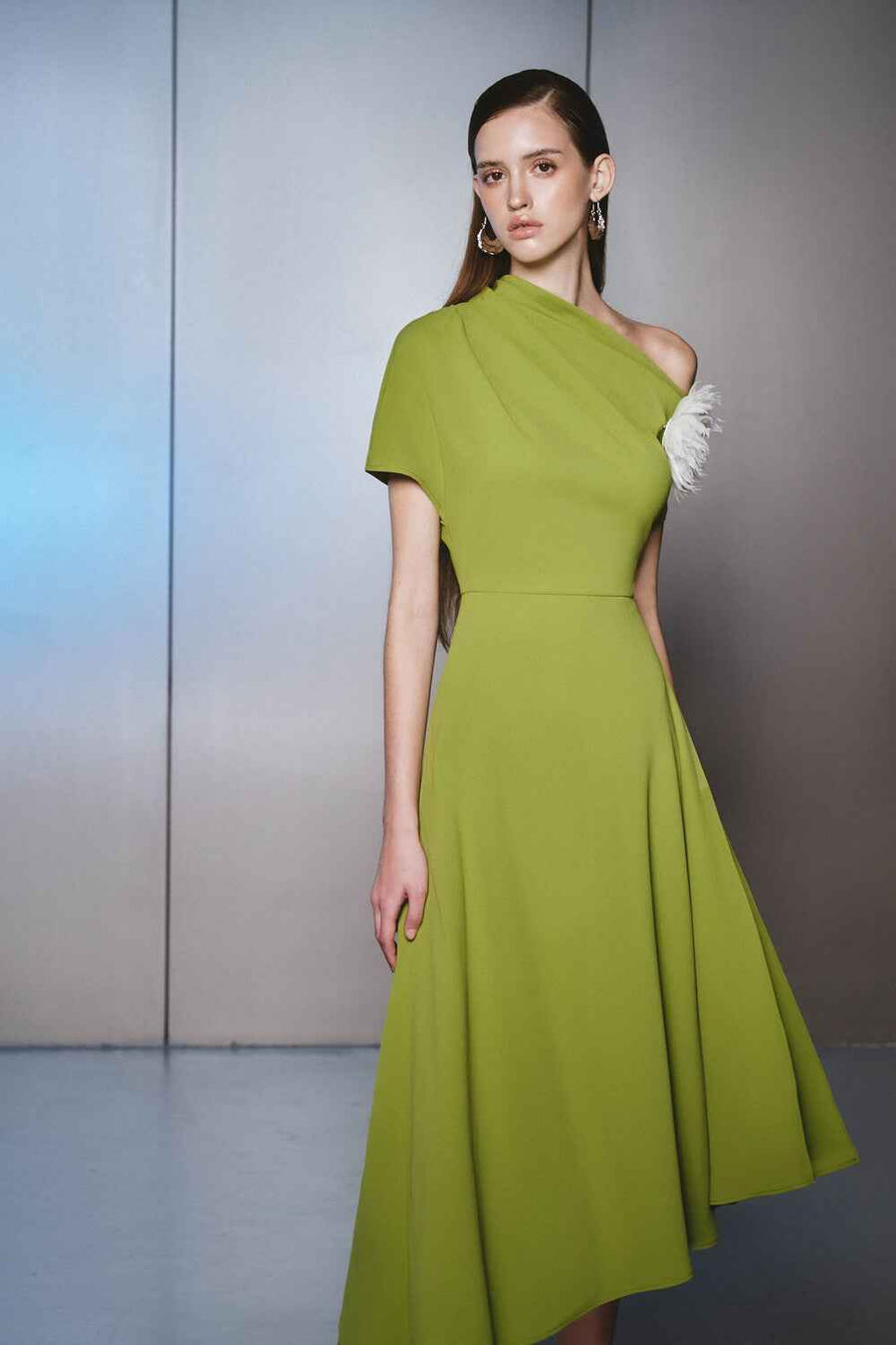 Amoxi Asymmetric Short Sleeved Cotton Silk Calf Length Dress