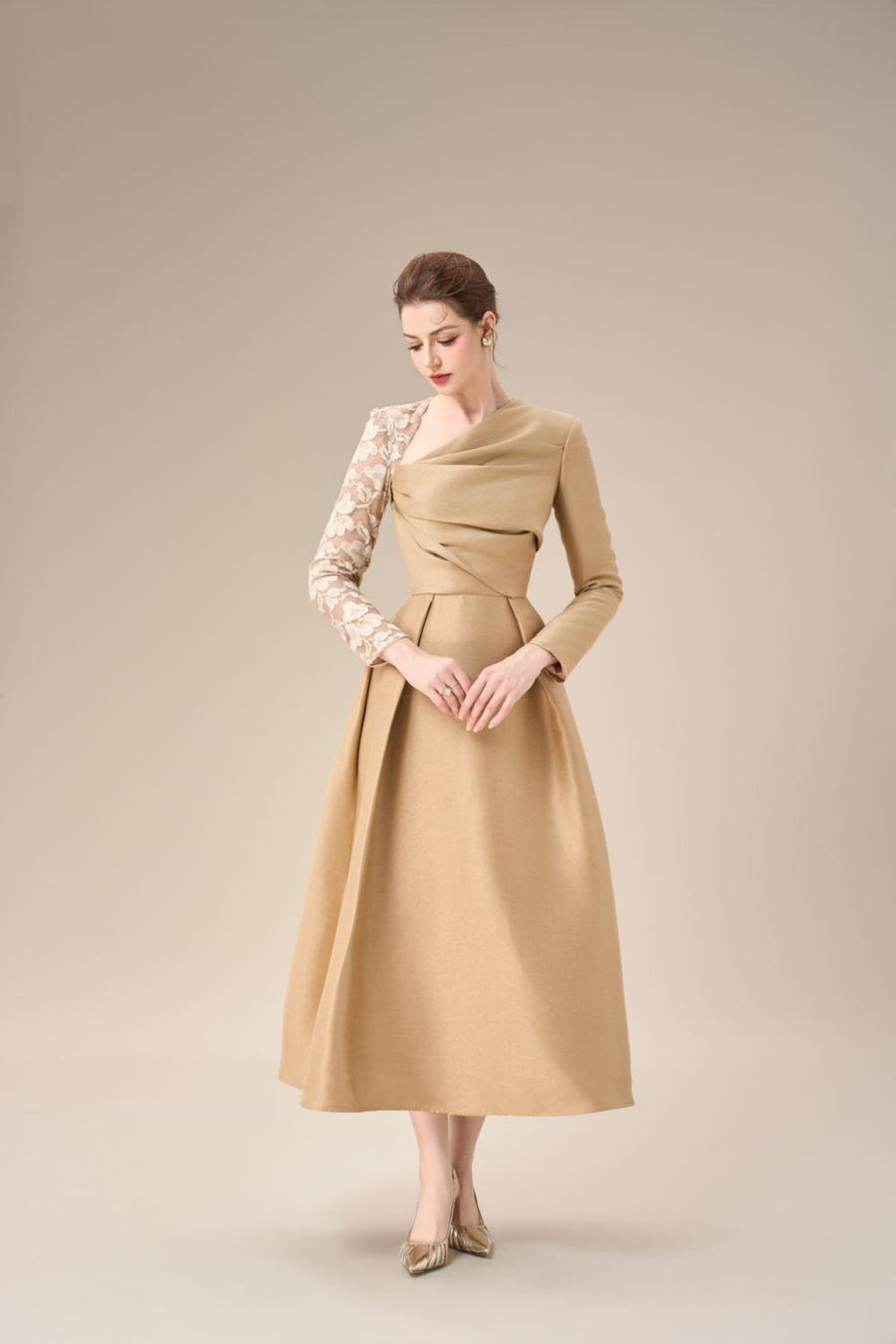 Aarina Fit and Flare Asymmetric Neck Taffeta Midi Dress Midi Dress Calista de Minh Thanh