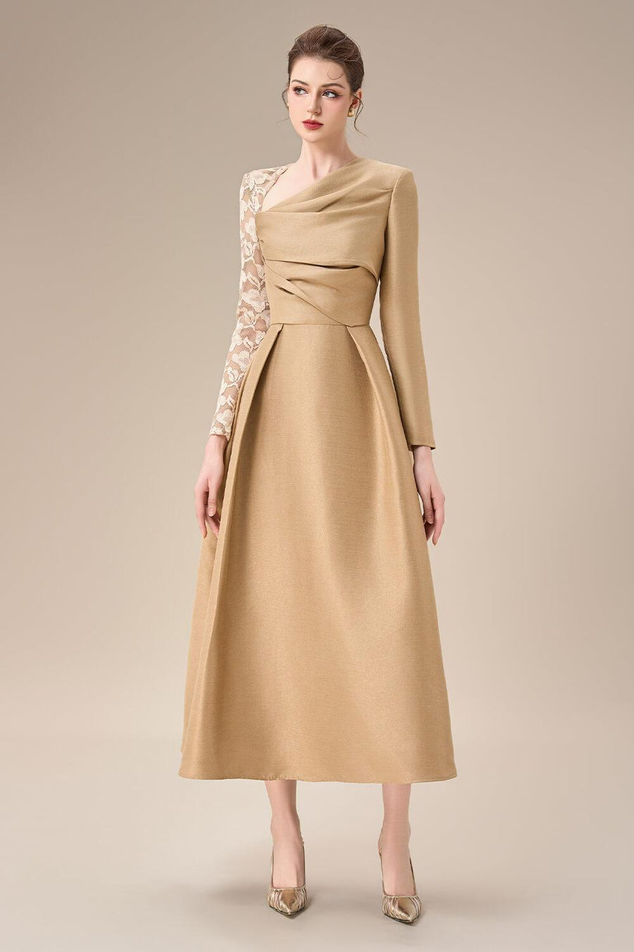 Aarina Fit and Flare Asymmetric Neck Taffeta Midi Dress Midi Dress Calista de Minh Thanh