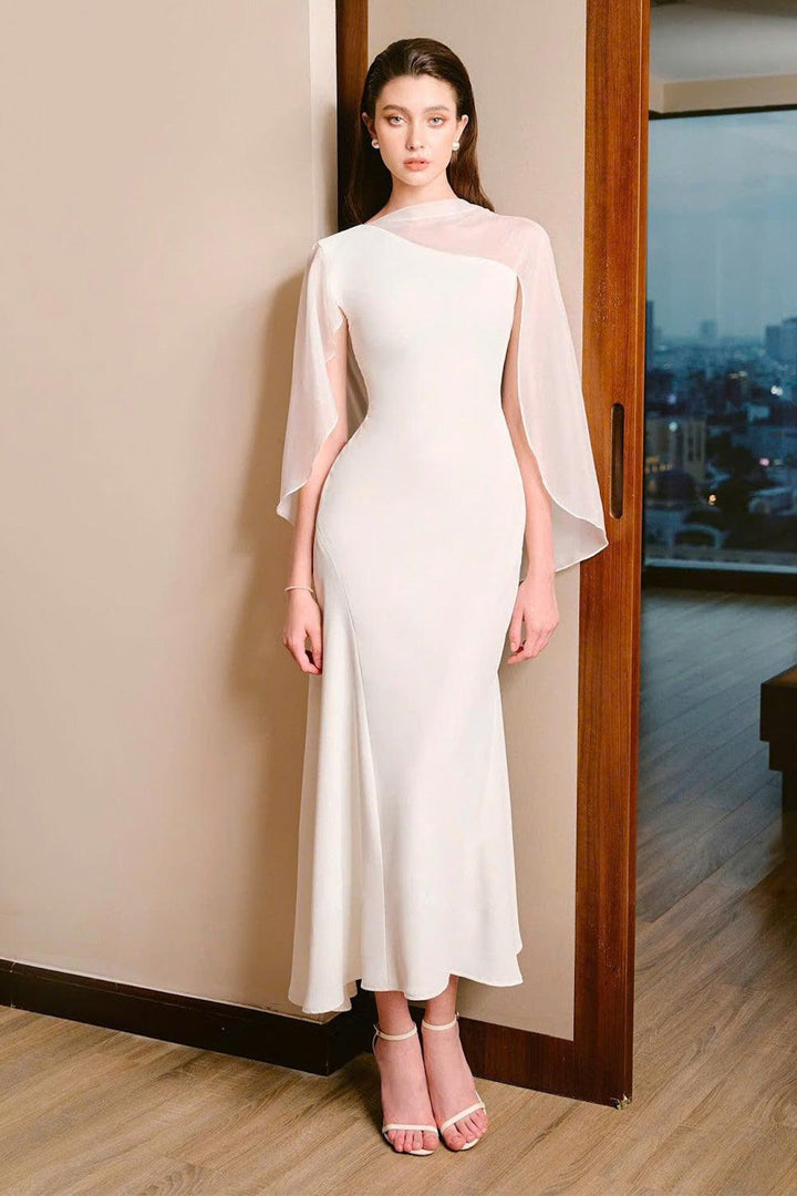 Abigail Trumpet Cape Sleeved Twill Midi Dress - RESSALINA Abigail Trumpet Cape Sleeved Twill Midi Dress - RESSALINA