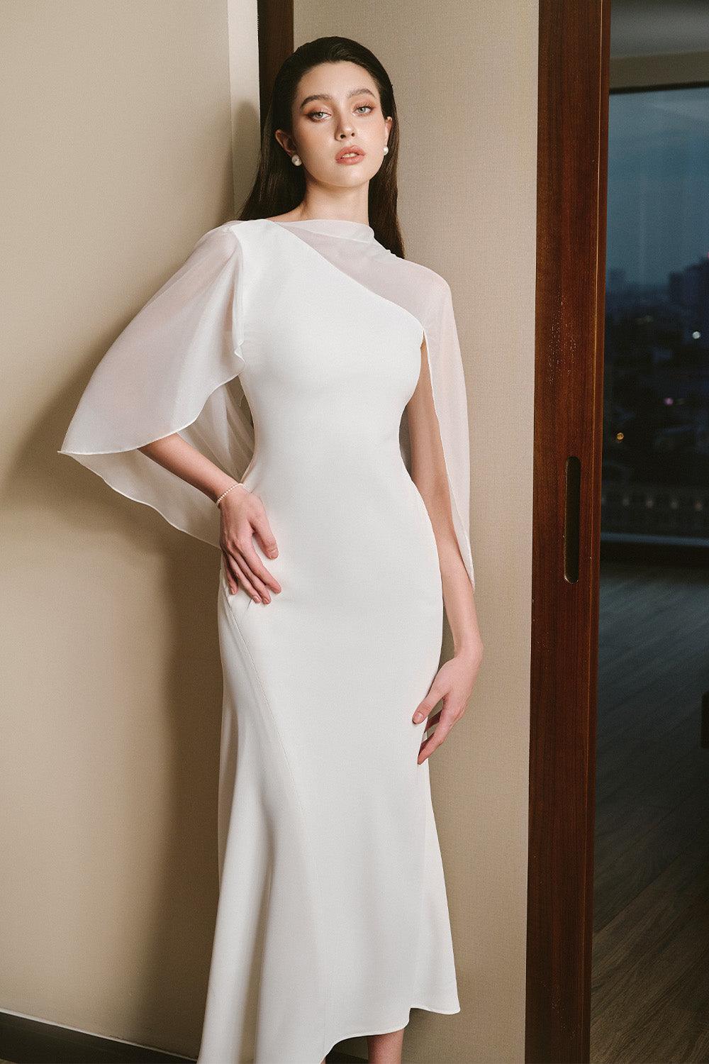 Abigail Trumpet Cape Sleeved Twill Midi Dress - RESSALINA