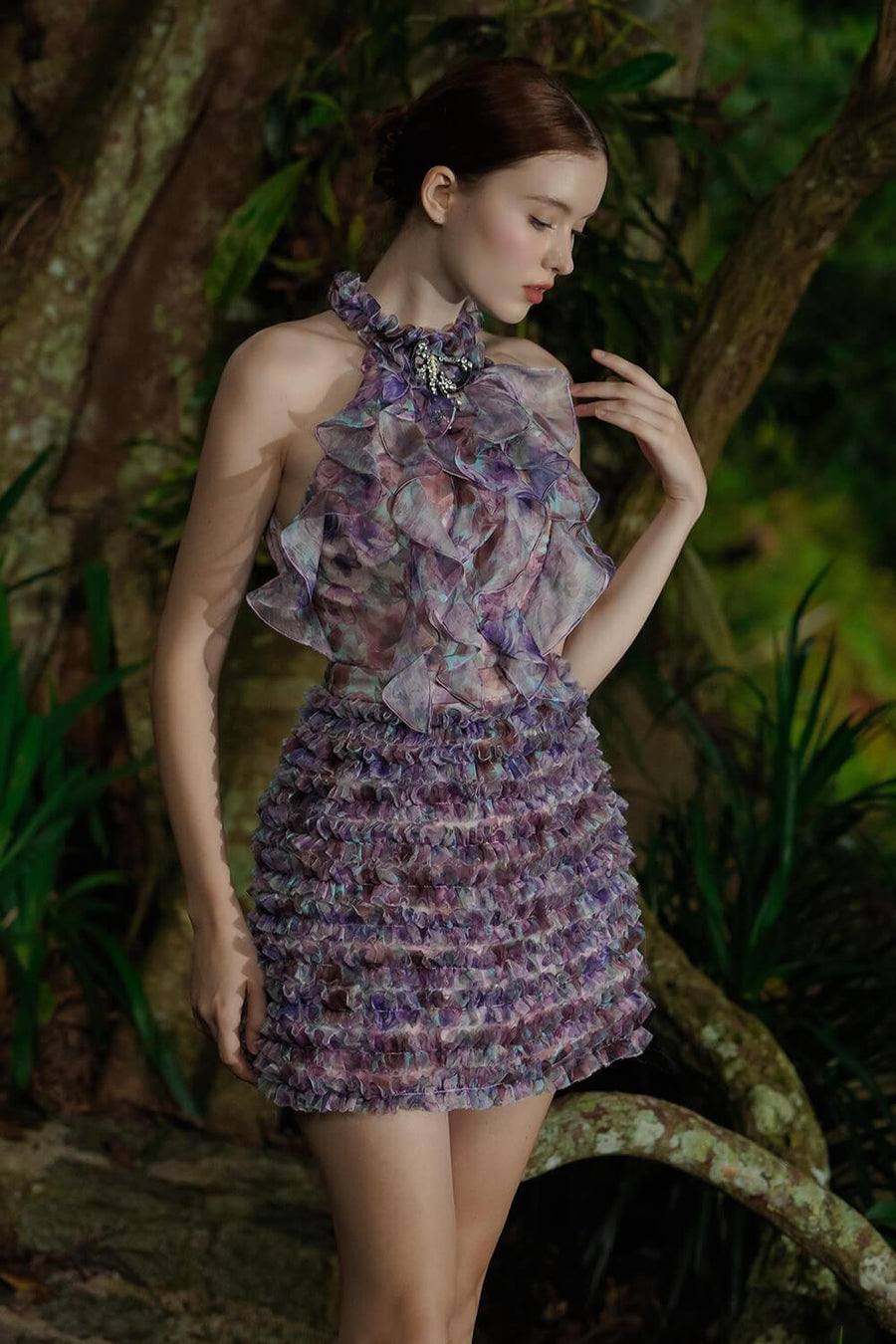 Acacia Halter Ruffled Voile Mini Dress Violet Floral Mini Dress Darling Diva