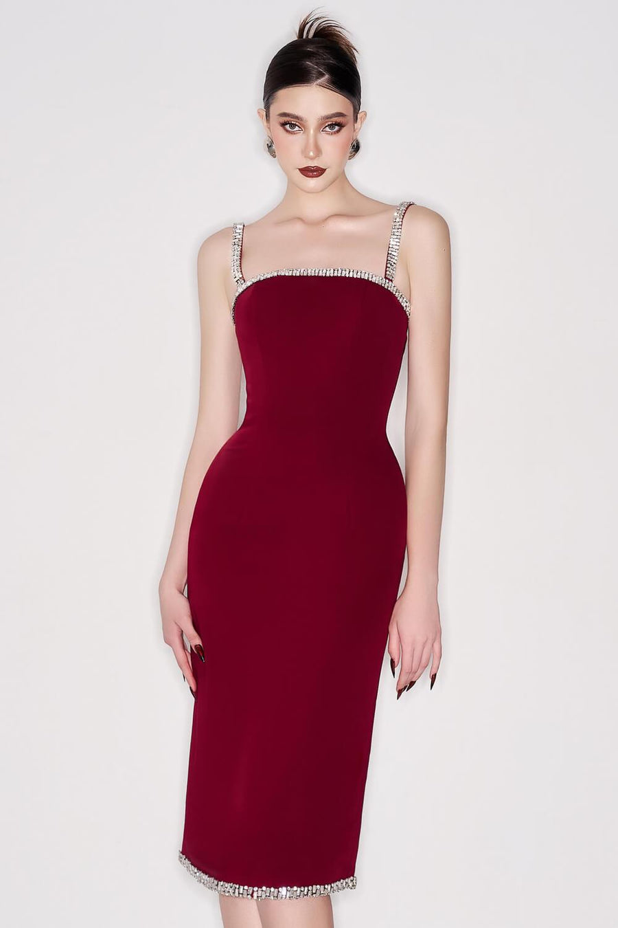 Acosta Sheath Square Neck Crepe Below The Knee Dress Red Knee Length Dress CEM