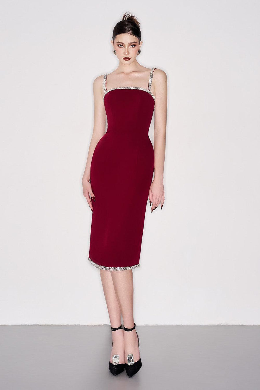 Acosta Sheath Square Neck Crepe Below The Knee Dress Knee Length Dress CEM