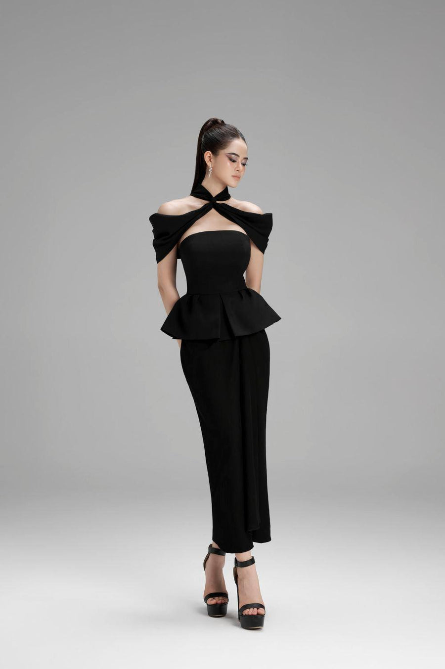 Addison Peplum Criss Cross Neck Polycotton Shirt Black Shirt Cordia