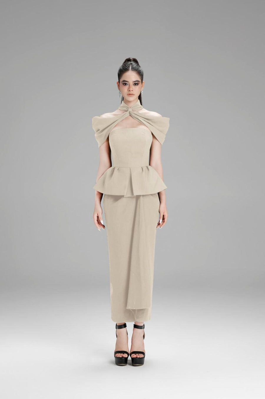 Addison Peplum Criss Cross Neck Polycotton Shirt Nude Shirt Cordia