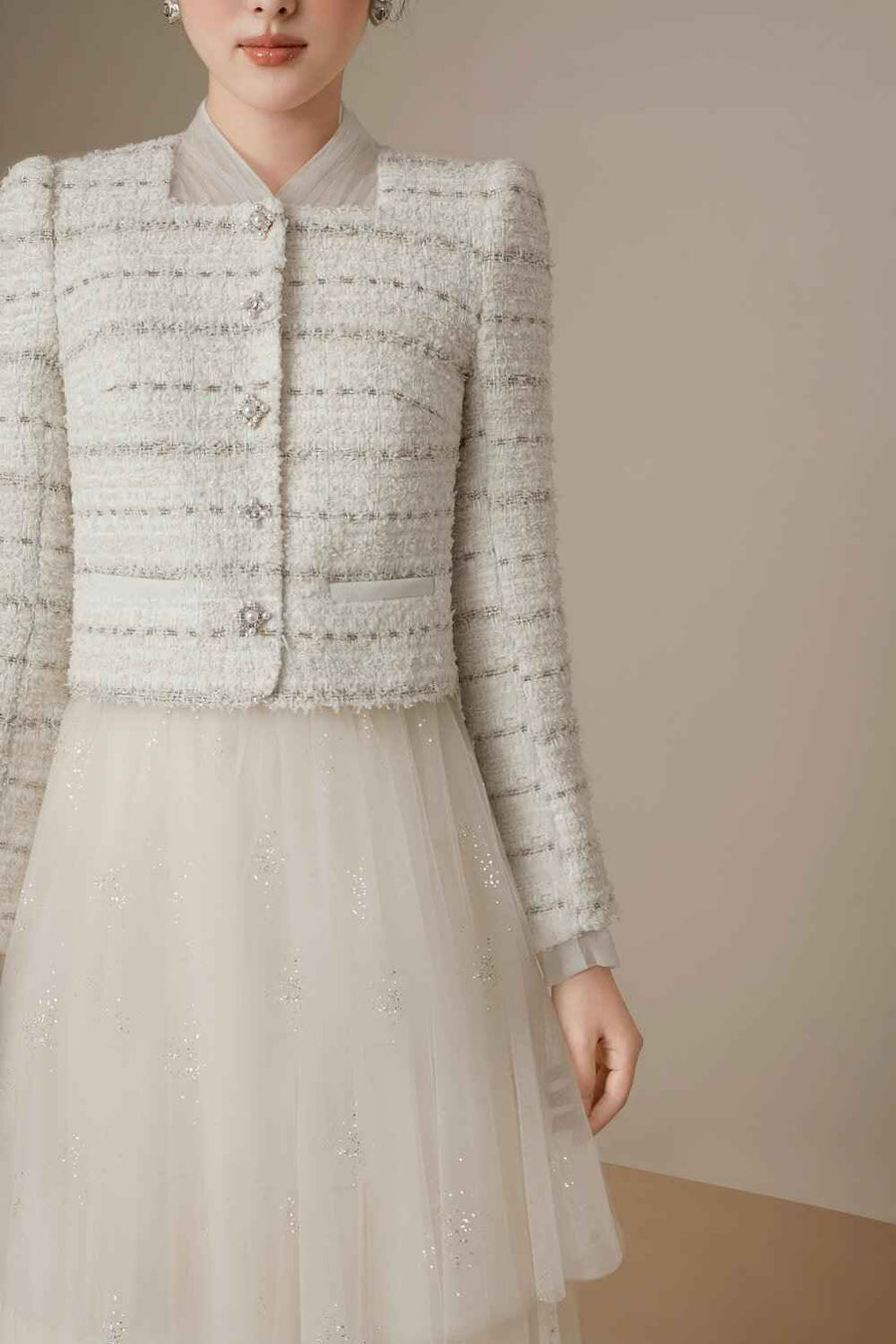 Adela Cropped Long Sleeved Tweed Jacket