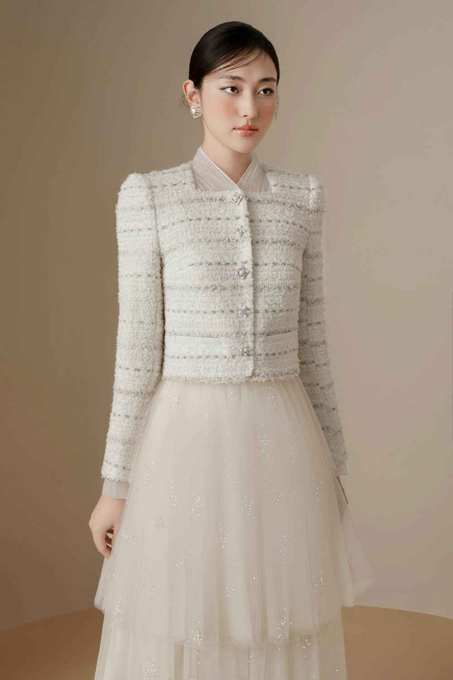 Adela Cropped Long Sleeved Tweed Jacket